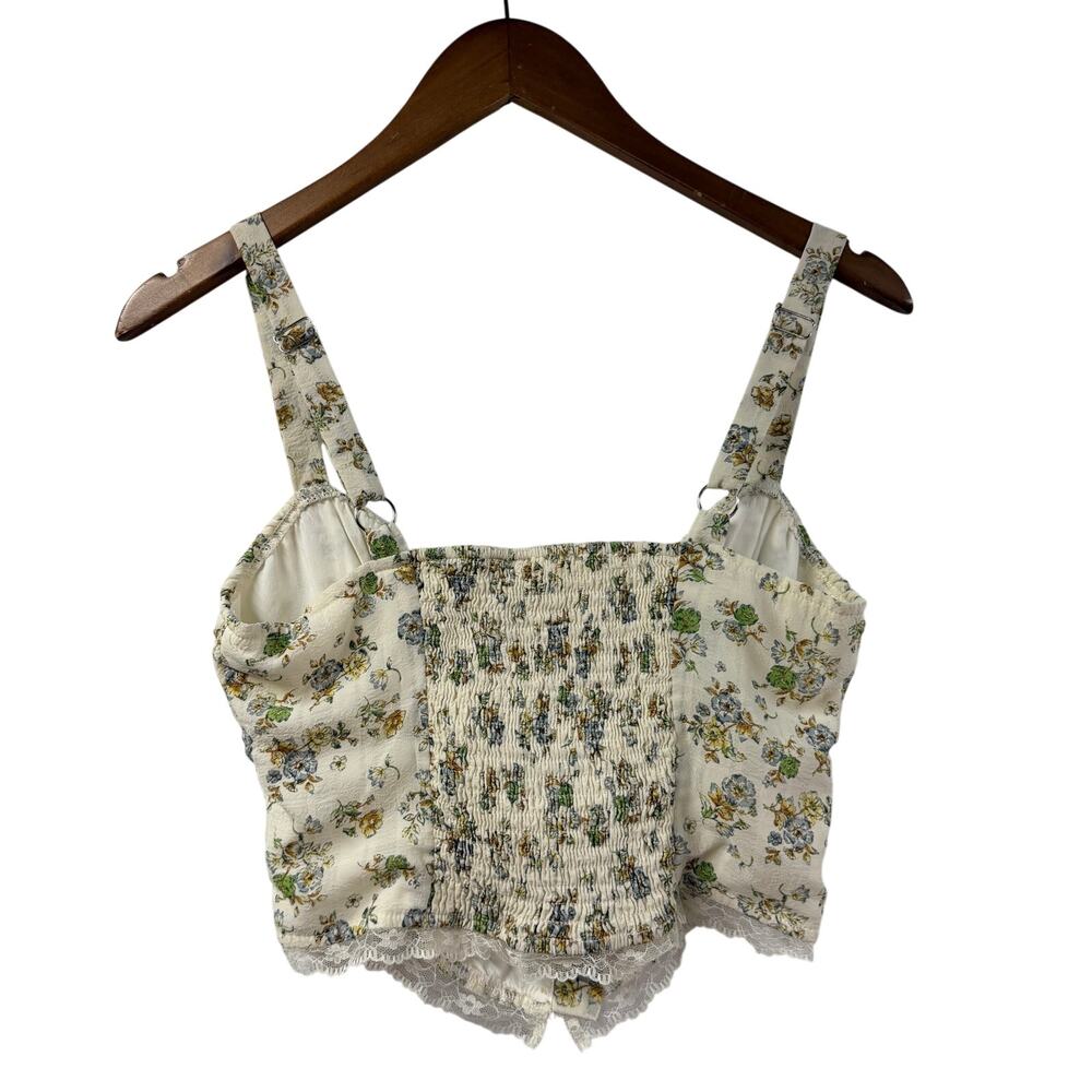 Bacio Beige Floral Crop Tank Small Ruched Tie Front Cottage Coquette Peasant